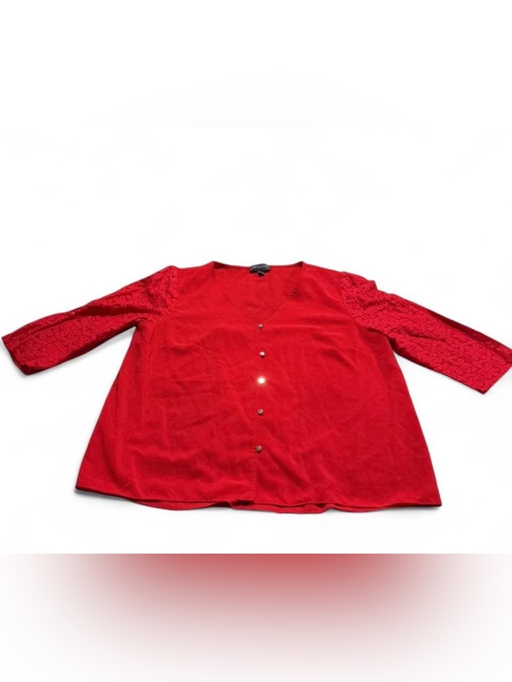 The Limited - Women's Red V-Neck Gold Button Front Top w/ Lace Sleeves Sz L